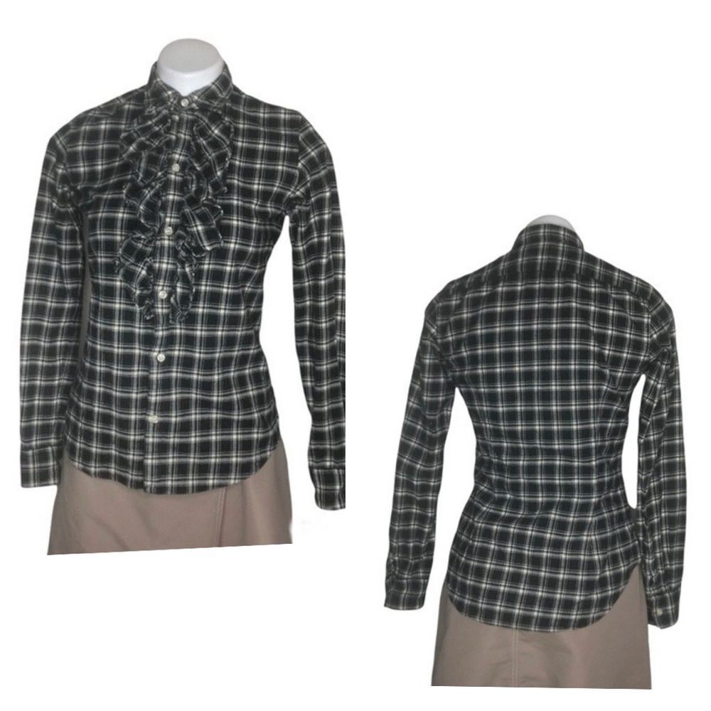 RALPH LAUREN SPORT Black White Flannel Plaid Ruffle Button Shirt Top Size 6 - Picture 9 of 9